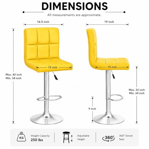 Image of Kemon KaiMeng Modern Adjustable Swivel Bar Stool Chair with Backrest, PU Leather Hydraulic Counter Stool with Footrest for Kitchen Island, Cafe & Home Bar, Yellow, Square Tufted Back Stool