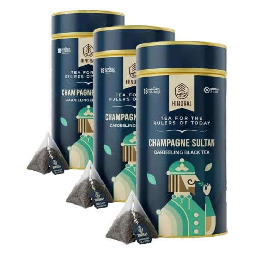 Image of Hindraj Champagne Sultan Black Tea 18 Pyramid tea Bags Premium Darjeeling Long Leaves, Aromatic, 100% Authentic & Freshly Sourced Gourmet Black Tea Experience, Rich Aroma (Pack of 3)