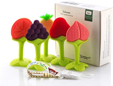 Baby Teething Toys, Soft Silicone Natural BPA Free Fruit Teethers Set with Pacifier Clip/Holder for Toddlers & Infants (5 Pack)