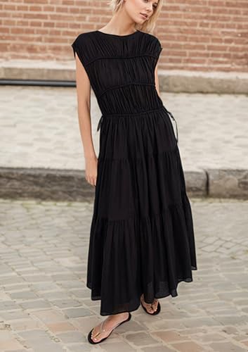 Image of calbatic Women Pleated Ruched Tiered Maxi Dress Sleeveless Patchwork Ruffle Hem A Line Flowy Summer Elegant Long Dress