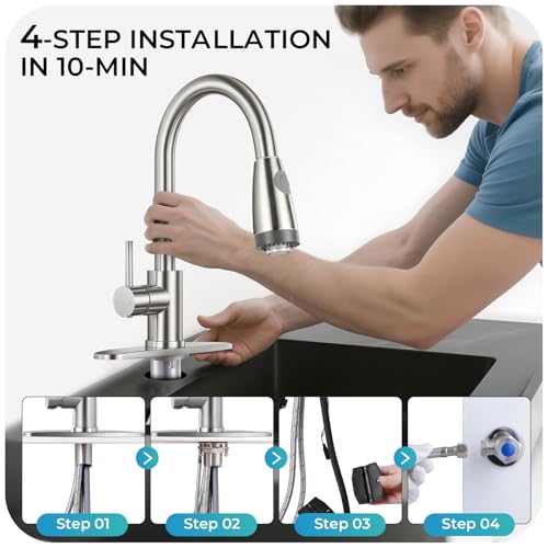 Image of LED Kitchen Faucet with Pull Down Sprayer - Brushed Nickel Single Handle Kitchen Faucets, High Arc Stainless Steel Pull Out Kitchen Sink Faucet with Deck for RV Laundry Farmhouse Bar
