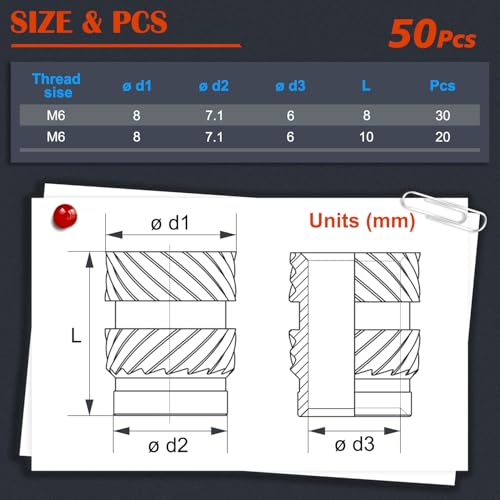 Image of 50Pcs M6 Threaded Inserts, M6 Female Thread Metric Knurled Nuts Assortment Kit, Brass Heat Set Insert for Plastic and 3D Printing Components (M6x8x8, M6x10x8)