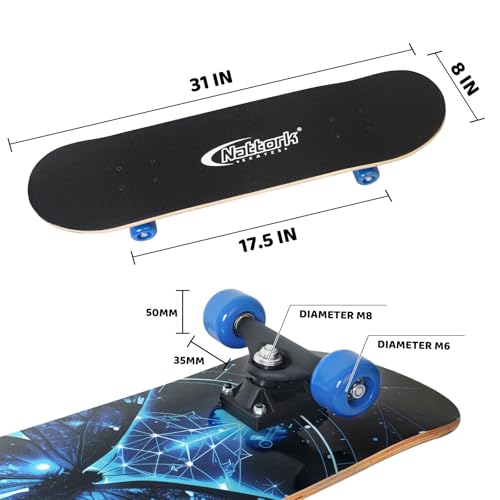 Image of Nattork 31 Inch Complete Skateboard, Standard Skateboards Gift for Beginners, Wood 9 Layer Canadian Maple Trick Skate Boards for Boys Girls Youth Teens Blue Butterfly