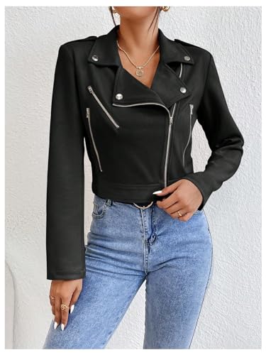 MakeMeChic Women's Faux Suede Cropped Jacket Long Sleeve Lapel Collar Zip Up Moto Biker Jacket Outerwear3