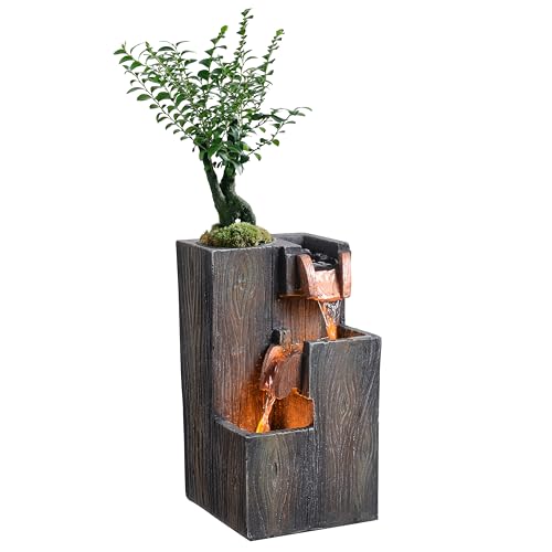 Image of GOSSI Tabletop Water Fountain with LED Light, 3-Tier Indoor Waterfall Fountain with Planter, Zen Water Feature Decor for Home Office Desk Bedroom Meditation