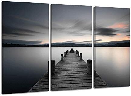 ARTISTIC PATH Lake Pictures Art Wall Decor: Beach Sunrise in Sea Bridge with Pier Canvas Printed for Bedroom (Overall 48" W x 26" H,Multi-Sized)
