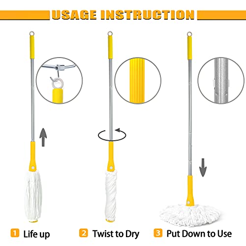 Self Wringing Mop With 2 Washable Heads, Jehonn Wet Mop For Floor Cleaning Heavy Duty, 51 Inch Long Handle Twist Mop For Hardwood Vinyl Tile Marble Laminate Home Office Kitchen (Yellow) #TOP5