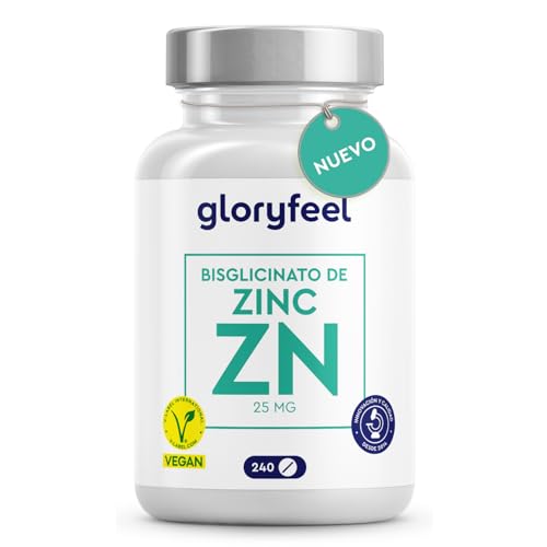 Bisglicinato de Zinc 25mg - 240 Tabletas (para 8 meses) - Sistema inmunitario, piel y cabello - Zinc elemental de alta biodisponibilidad (Quelato de Zinc) - Probado en laboratorio y sin aditivos