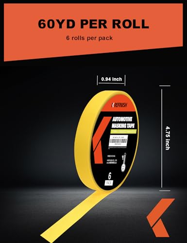 Image of KREFINISH Painters Tape for Cars Vehicles Paint Tape Auto Body Yellow Masking Tape Heat Resistant Automotive Removable No Residue Painting Tape Bulk Set for Paint Booth, 0.94in-60 yards /6rolls