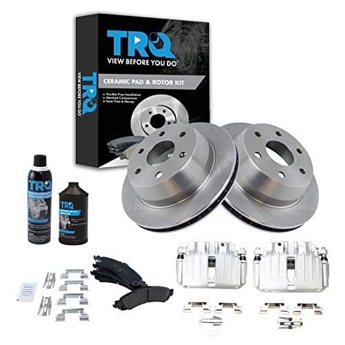 Image of TRQ Rear Brake Pad and Rotor Kit Ceramic Compatible with 02-06 Avalanche 1500 Escalade, Silverado, Tahoe Yukon XL 03-06 ESV, EXT Sierra 00-06 Suburban