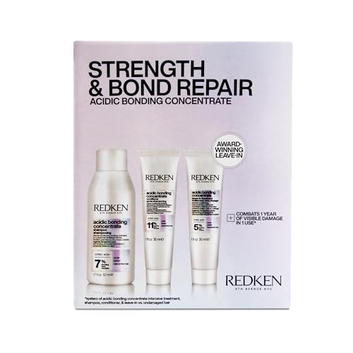 Redken Acidic Bonding Concentrate Mini Kit – Strengthening Shampoo, Conditioner & Leave In Treatment for Damaged Hair, Reduces Breakage & Split Ends, Travel Size