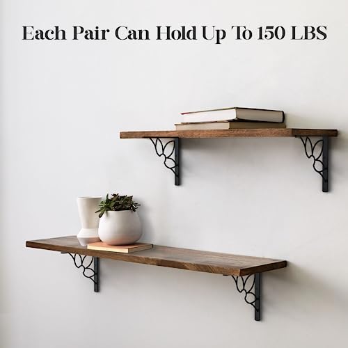 Balin Designs Shelf Bracket For 10" And 12" Shelves - Pack Of 4 - Heavy Duty Decorative Metal Shelf Brackets - Rustic Home Decore - L Brackets - Easy To Install - Hardware Included (Black, Flower) #TOP3