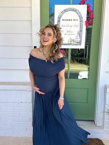 Off Shoulder Maternity Dresses for Photoshoot Pleated Maxi Baby Shower Dress Long Satin Pregnancy Gowns4
