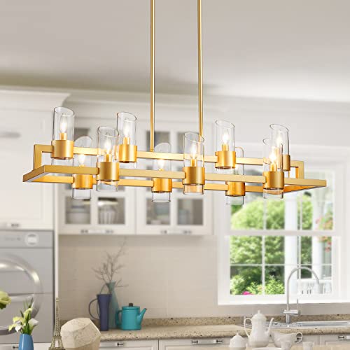 Image of WUZUPS Island Rectangle Chandelier 10-Light with Clear Glass Industrial Modern Farmhouse Linear Light Fixture for Dining Room Kithen Island, Width 42.5 inch Height 10.4 inch, Gold