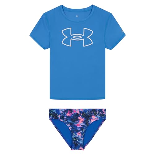 Image of Under Armour Girl's Short Sleeve Rashguard Surf Shirt and Swim Bottoms Set, UPF 50+ Sun Protection, Quick-Dry Bathing Suit
