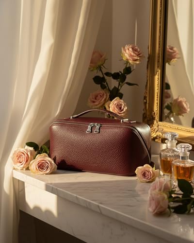 Image of EACHY Travel Makeup Bag, Lychee Leather Large Capacity Cosmetic Bag for Women, Open Flat Toiletry Bag with TPU Brush Compartment, Waterproof Skincare Organizer Travel Essentials
