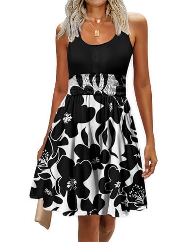 Image of Summer Dresses for Women Casual Sleeveless Sundresses Elastic Waist Mini Sun Dress
