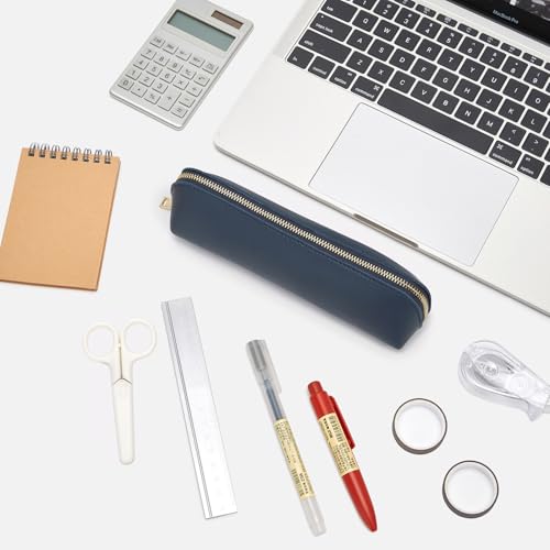 Image of Pencil Case Small Pencil Pouch Slim Zipper Pen Holder School Office College(Navy Blue,Faux Leather)
