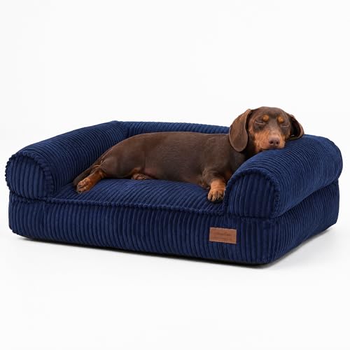 FUKUMARU Dog Couch Bed, Corduroy Cozy Cat Bed for Indoor Cats with Washable Cover, 28in Waterproof Orthopedic Dog Beds Sofa for Small Dogs and Large Cats, Cute Warm Cotton Pet Sofa, Blue