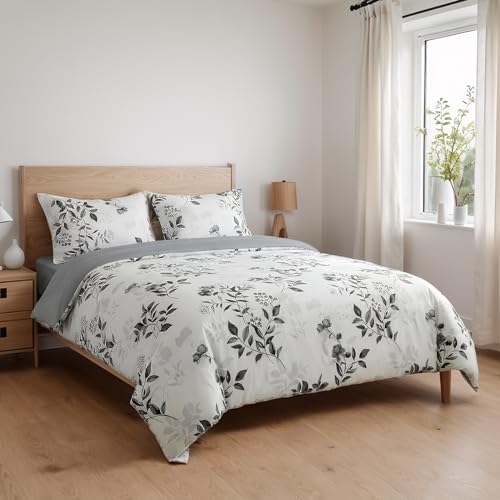 Etrexonline Juego de Funda Nórdica 3 Piezas Cama 150 Microfibra Extra Suave Transpirable   1 Funda Edredón 220x240 cm y 2 Fundas de Almohada 50x75 cm (Floral Gris)