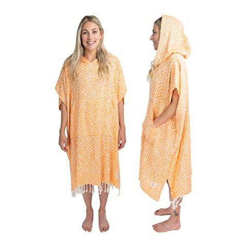 Nova Blue Changing Poncho – Orange Aztec Wearable Towel – Large Adult Hooded Towel (33 x 37) – 100% Turkish Cotton Super Absorbent Pool Cover Up for Beach & Pool… Cover