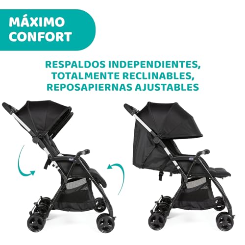 Chicco Ohlalà Twin Silla De Paseo Gemelar Desde 0 Meses Hasta 15 Kg para Gemelos Y Hermanos, Cochecito Doble Reclinable Y Plegable, Muy Ligero, Plegado Compacto, Cubierta para Lluvia, Negro