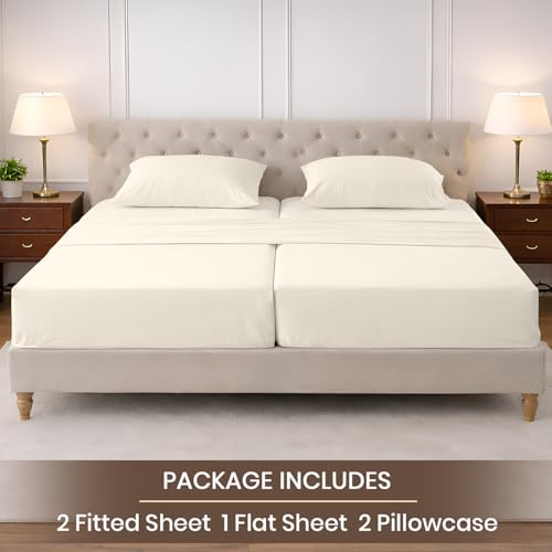 Image of SGI Split King Sheet Set for Adjustable Bed Egyptian Premium Cotton 600 Thread Count Sheets for Sleep Number Bed 15 inch Deep Pocket 5 Pc Set with 2 Twin XL Fitted Sheets Soft Breathable -Ivory