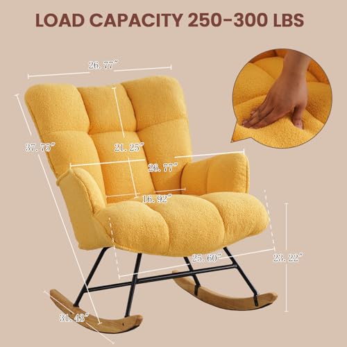 Image of SAETSFEG Rocking Chair Nursery Teddy Upholstered Glider Rocker Rocking Accent Chair Padded Seat with High Backrest Armchair Comfy Side Chair for Living Room Bedroom Offices (Golden Yellow Teddy)