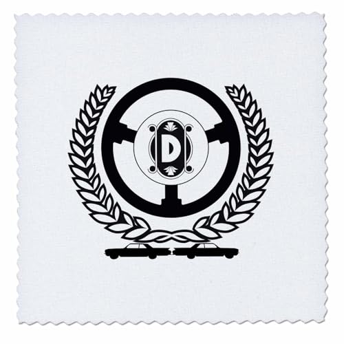 14x14 inch Quilt Square - Laurel Wreath, Steering Wheel, Two Cars. Charming Letter D Alexis Design - Monogram Auto Car