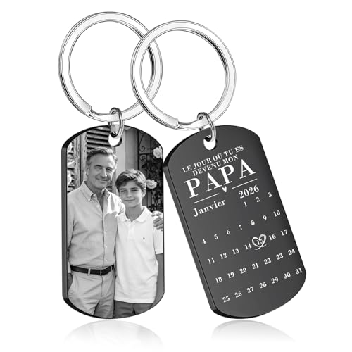 BEXOA Porte Clé Personnalisé Photo, Porte Clef Personnalisable Gravure Image Texte Porte-clé Personnalisé Cadeau Fête des Pères Homme Papa Mari (Date)