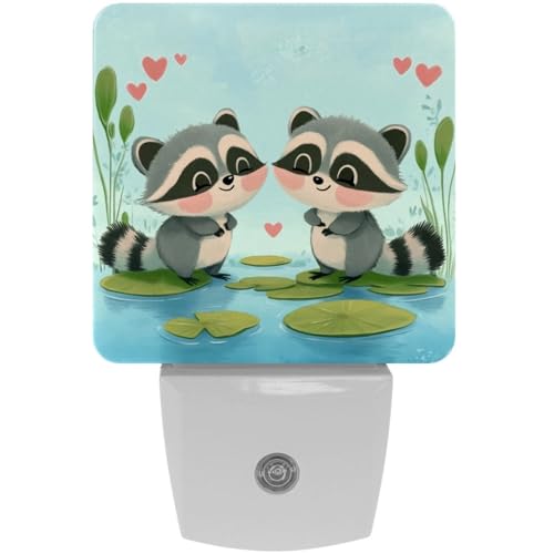 Image of NEWzone Raccoons Night Light Set of 2, Auto Sensor LED Dusk-to-Dawn Nightlights, Plug-in Sensor Lamp for Bedroom Bathroom Kitchen Hallway Stairs Decorative