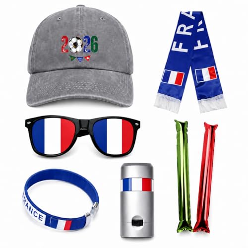 France Soccer Fan Gear Set, 7 Pcs 2026 Game Day Accessories with Hat, Scarf, Flag Sunglasses, Wristband, Flag Face Paint & Cheer Sticks, Soccer Party Supplies for Watch Parties