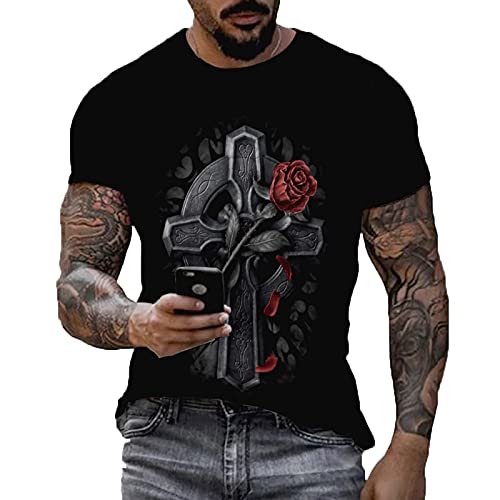 Image of keephen Men's Cross Rose Print T-Shirt Slim Fit Retro Hip Hop Cross Rose Print Crew Neck Short Sleeve Sport Tops