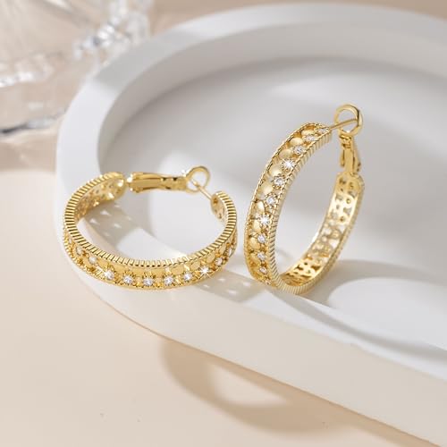Gold Hoop Earrings for Women 14K Gold Earrings for Women with Cubic Zirconia Hollow-Carved Design Like a Fine Piece of Lace Womens Hoop Earring Trendy 25/30mm 6