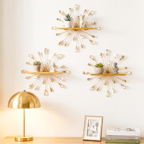Image of Yaocom 3 Pcs Bling Crystal Floating Shelves Metal Starbursts Wall Decor Folding Shelf Gold Corner Shelves Hanging Wall Mounted for Storage Bedroom Bathroom Living Room Kitchen Office Home Decoration