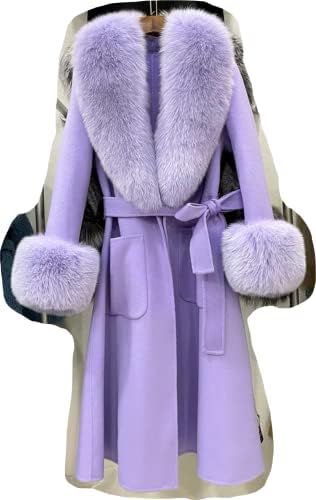FE-05 Cashmere Long Coat With Real Fox Fur Big Collar And Big Cuffs And Belt For Women Comfortable Soft Wool Garment Long Jacket Double Sides Cashmere Fluffy Coats (Custom Size, Lilac Colour)