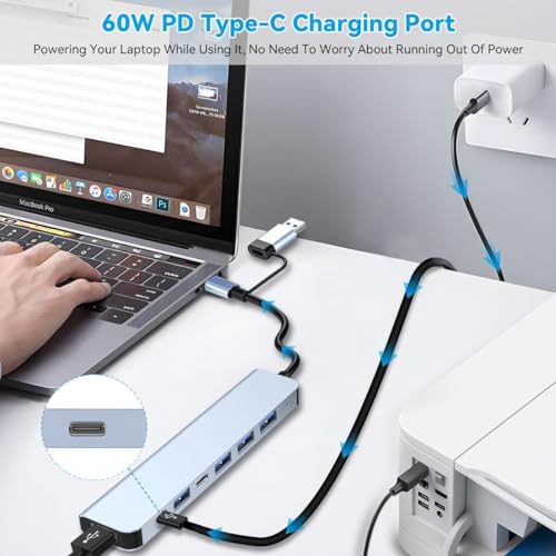Image of Tobo USB C Hub 7 in 1 Multiport USB Adapter with 1x USB 3.0, 4X USB 2.0 Ports, 1x USB C and 1x 60W PD Charging Port for MacBook Pro /Air, iMac, Surface Pro, More