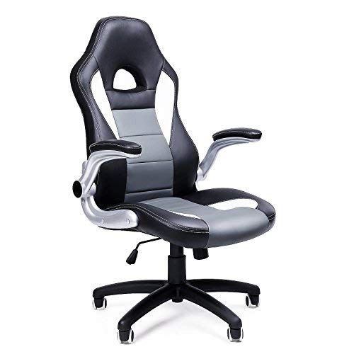 SONGMICS Racing Office Chair with 79 cm High Back Adjustable Armrest and Tilt Function Swivel Desk Computer Chair PU,Black Grey, OBG28GUK