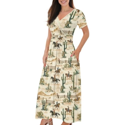 Image of Women's Fall Summer Short Sleeve Ankle Length V-Neck Party Dress with Pockets Size S-3XL