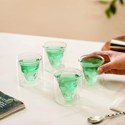 Image of Nestasia Set of 4 Skull Shaped Shot Glass Double Wall (100ml) | Dishwasher Safe, Transparent, Elegant | Stylish Glasses for Whiskey, Liquor, Cocktails, Vodka, Tequila