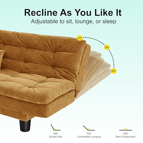 Image of Modern 3 Seater Sofa Cum Bed with Cushions, Foldable Convertible Couch, Velvet Fabric Sleeper Sofa for Living Room, Guest Room, Golden
