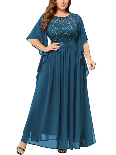 Image of Miusol Women's Plus Size Sequin Lace with Ruffle Cape Cloak Sleeves Elegant Evening Gown Wedding Guest Maxi Dress