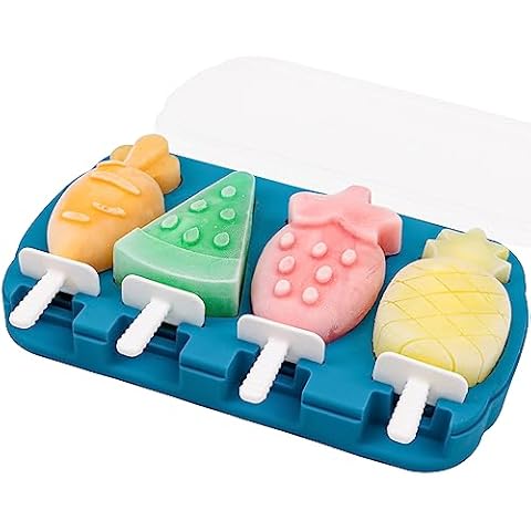 Silicone Fruit Popsicles Molds with Sticks and Lids for Kids and Adults, Homemade Ice Cream Tray Molds, Non-Stick, Easy to pop out, Easy to Clean, Dishwasher safe-Blue Cover