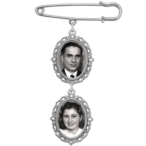 Wedding Bouquet Photo Charm Pin Cascading Double Oval Frame for Brides Flowers or Boutonniere Silver plate
