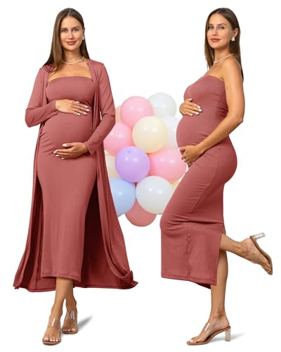 Rnxrbb 2 Piece Maternity Dress Cardigan Baby Shower Bodycon Fall Tube Maternity Dresses Long Gender Reveal Photoshoot,Rosybrown L