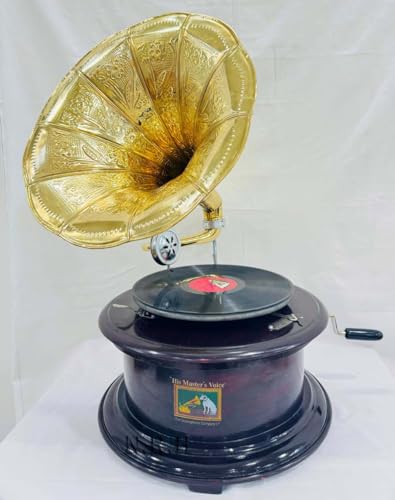 Réplica de gramófono de aspecto antiguo, base de madera con tallas florales, altavoz de cuerno dorado (gramófono redondo liso marrón oscuro (38 x 38 x 68 cm)