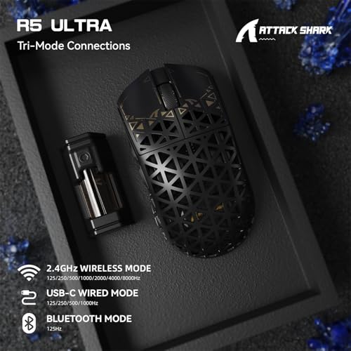ATTACK SHARK R5 Ultra Koolstofvezel HyperSpeed Draadloze Gamingmuis, 39g Ultralichte Muizen, 2,4 G/BT/USB-C Bedraad, PAW3950MAX-Sensor, 8000Hz Draadloze Pollingsnelheid, 42KDPI, Win/Mac - Zwart - Afbeelding 4