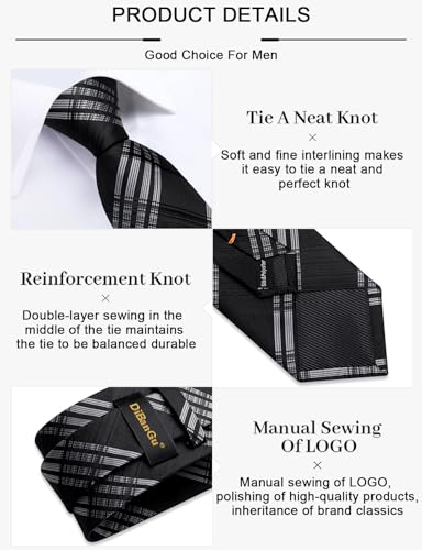 Image of DiBanGu Plaid Ties for Men Silk Checkered Necktie and Pocket Square Cufflinks Tie Clip Set with Gift Box for Wedding Business