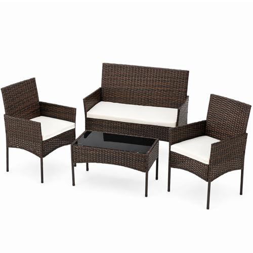 Sweetcrispy 4-Piece Patio Furniture Set, Weather-Resistant PE Rattan Wicker Outdoor Conversation Set with Tempered Glass Tabletop, Durable Outdoor Seating for Garden, Backyard, Porch, Deck, Brown