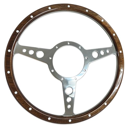 カスタム 汎用 アルミ ビレット クラッシックウッド 丸穴フラット ステアリング 9穴 9穴 約35φ 14インチ (ハンドル バドニック モトリタ レカラ)